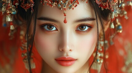 Asian Woman in Traditional Headdress, Red Background