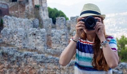 woman tourist at the castle of Alanya Turkey