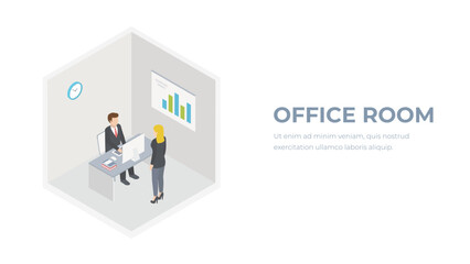 Isometric office room interior concept vector. Business characters male and female. Two people in office concept.