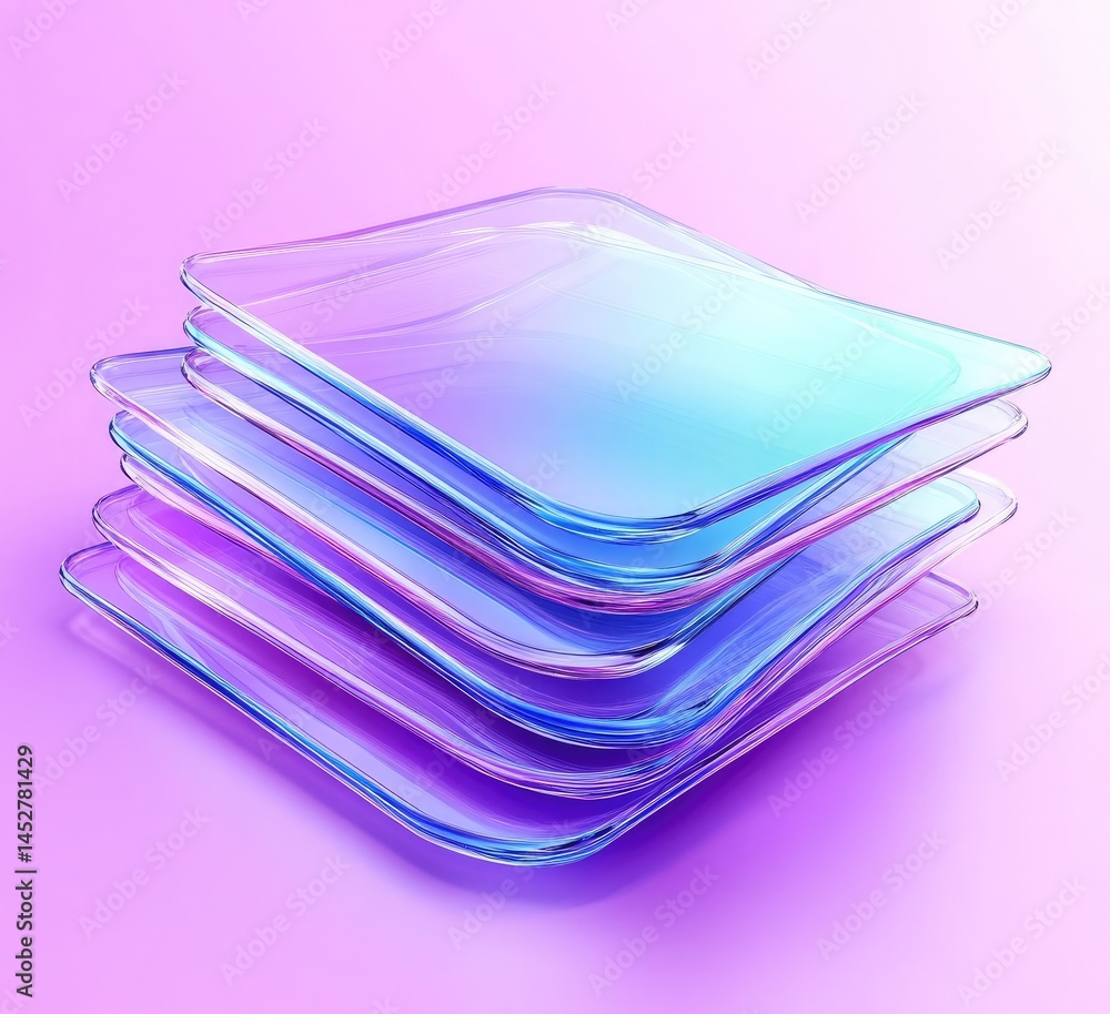 Poster stack of iridescent glass sheets with rounded edges on light purple background