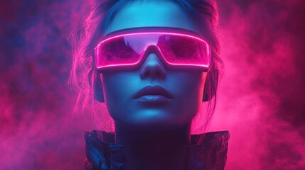 Woman with pink futuristic glasses and blue lighting in a smoky atmosphere.