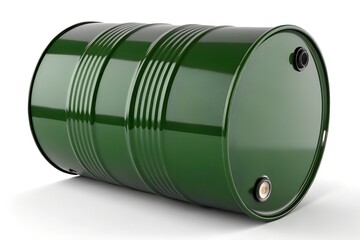 A reflective green barrel lies horizontally on a white surface, presenting industrial storage