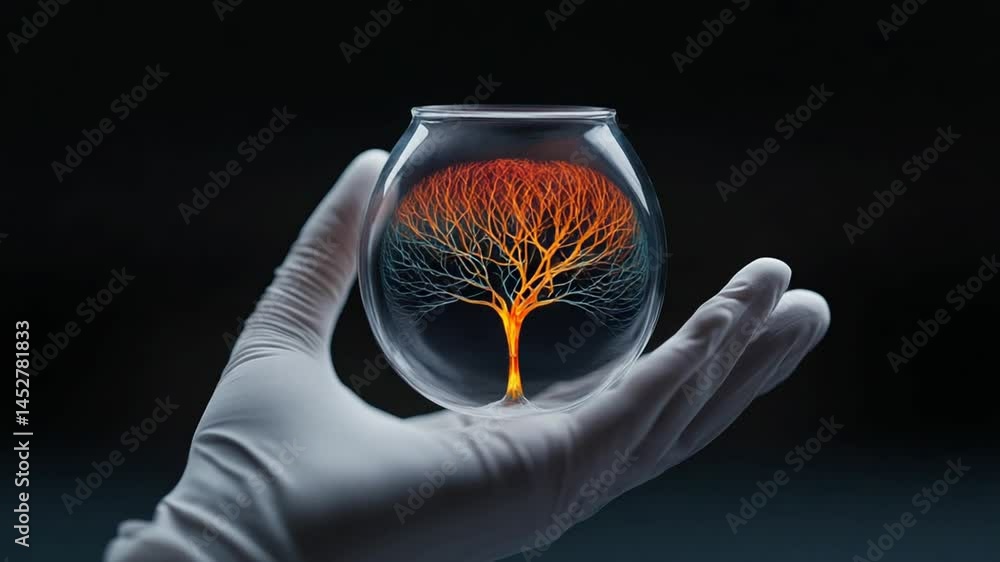 Aufkleber glass container holding tree design with glowing roots and artistic branches in a dark environment