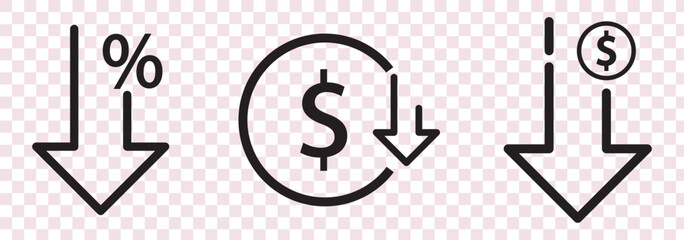 Cost reduction icon price lower arrow. Vector low cost money crisis line icon.