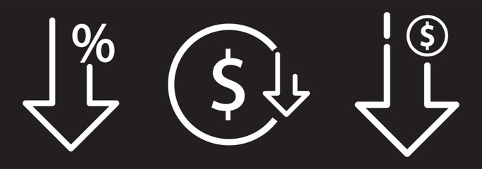 Cost reduction icon price lower arrow. Vector low cost money crisis line icon.