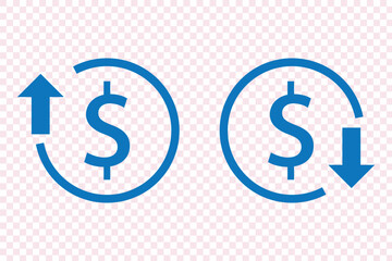 set of cost symbol dollar increase and decrease icon, money, dollar sign with arrow up and down rounded black vector icon.
