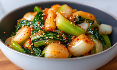 Spicy Bok Choy & Turnip Salad: A vibrant dish with crisp greens and tender turnips, tossed in a flavorful, spicy dressing and sprinkled with sesame seeds.