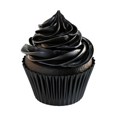 Cupcake with rich glossy black chocolate frosting and black wrapper, isolated on white transparent background, concept of gothic or Halloween dessert