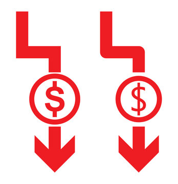 Cost reduction icon dollar. Price decrease arrow symbol. business sale sign illustration.