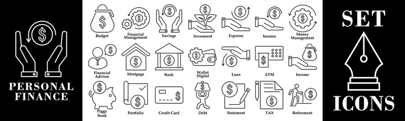 Modern and minimalist icons, representing various personal finance concepts, budgeting, savings, income, expenses, investments, wallet, banking, credit cards, taxes and financial planning.