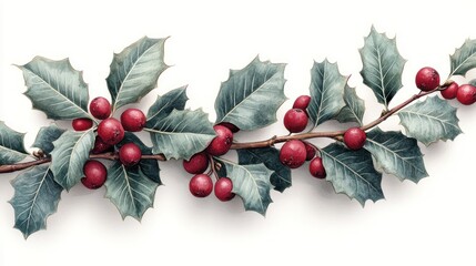 Christmas holly branch with berries, isolated on white background