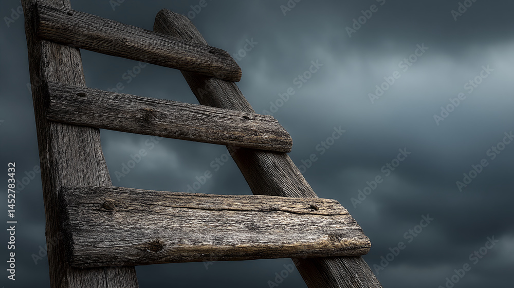 Poster close-up of rustic wooden ladder against stormy sky background, showcasing weathered texture and bla