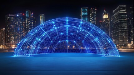 Futuristic cityscape with glowing network dome