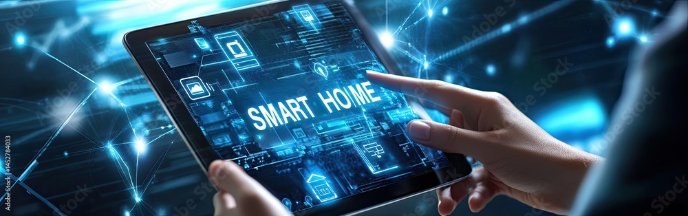 Poster tablet showing smart home tech with finger touching screen and blue tech background