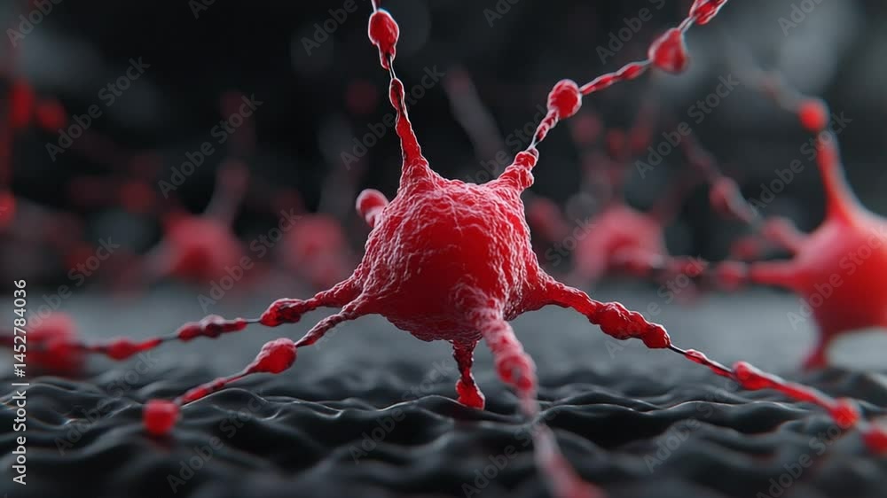 Aufkleber close-up view of red neurons on dark background showcasing neural network and cell structure for sci