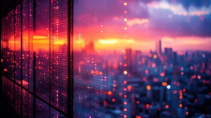 City skyline sunset view through modern building data reflection