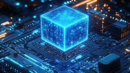 Glowing blue cube on a circuit board