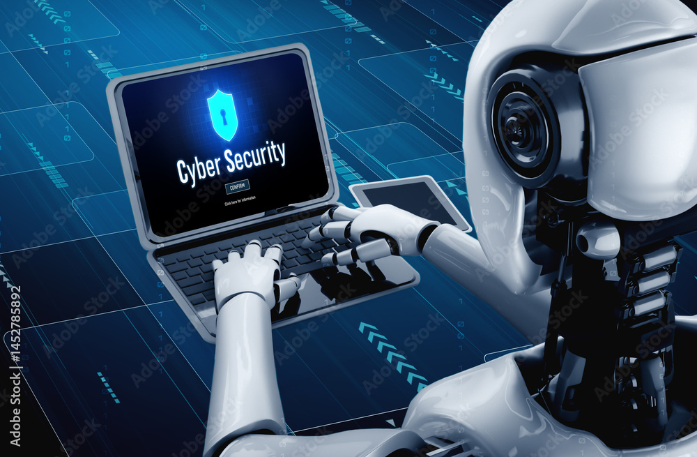 Poster cyber security system on computer screen protect private information snugly from hacker and cyber at