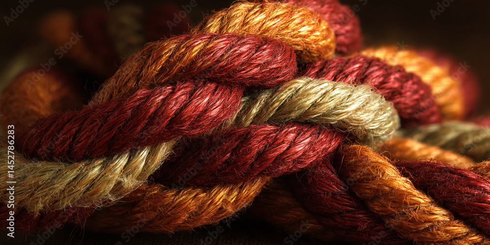 Poster close-up of interwoven red, orange, and beige rope texture, showing intricate detail and a complex p