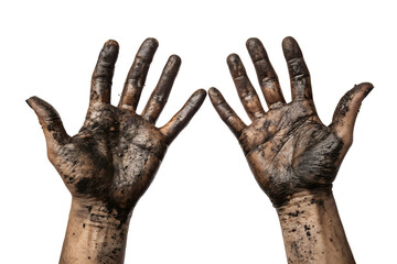 Dirty hands open with grime soil and black background representing hard work