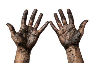 Dirty hands open with grime soil and black background representing hard work