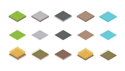 Set of isometric landscape design tiles with different surfaces - grass, water, dirt, stone, pavement and parts for creating path