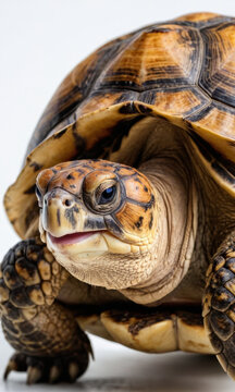 A close-up shot of a turtle sitting on a white surface, with its shell and legs visible