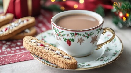 Fototapeta premium Festive holiday beverage and biscotti treats on a table setting.