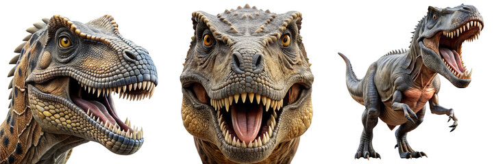 Tyrannosaurus Rex Dinosaur Collection - Roaring T-Rex Heads and Full Body Poses on Transparent Background for Educational Materials, Game Assets, and Prehistoric Themed Designs
