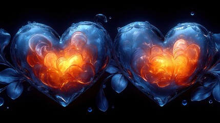 Abstract hearts of fire and ice, dark background, decorative flourishes