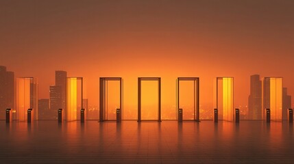 Fototapeta premium Parking payment gate system Futuristic cityscape with glowing doors at sunset.