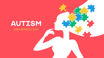 World autism awareness day background. Colorful puzzle . Vector illustration of woman silhouette