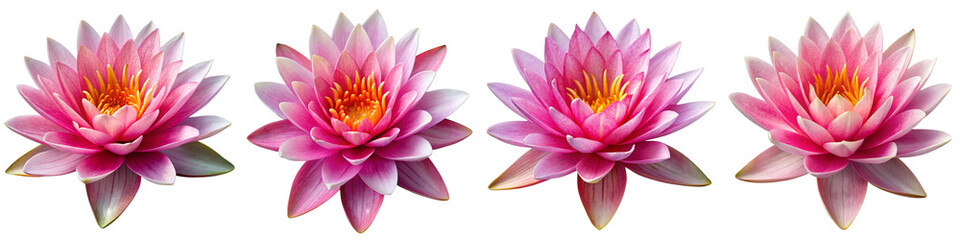 Pink Water Lily Flowers Row - Botanical Illustration of Lotus Blossoms on Transparent Background for Graphic Design, Wedding Invitations, and Digital Collage