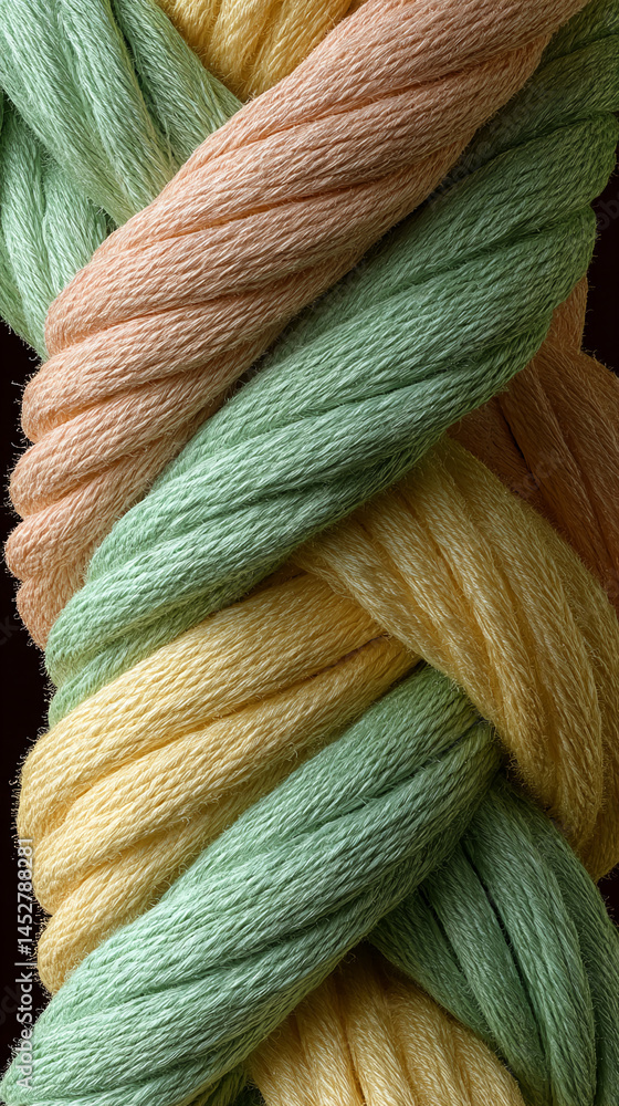 Poster close-up of intertwined pastel-colored threads, creating a textured, interwoven pattern. symbolizes 