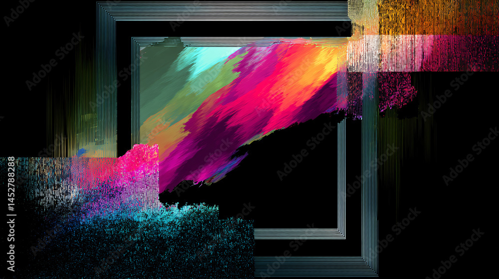 Poster a glitched public square frame design, showcasing a trendy, abstract visual style with new shapes an