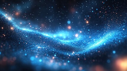 Blue glitter wave on dark background with bokeh