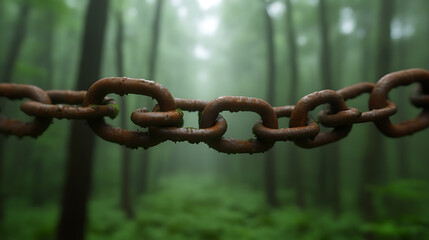Obraz premium Old rusty chain in a misty, atmospheric forest. Nature reclaims metal. Symbolism of burdens, time, or lost connections in this evocative scene.