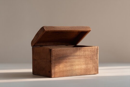 vintage wooden chest partially open with soft lighting in minimalistic setting