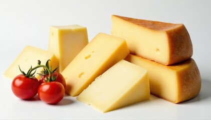 Assortment of Italian cheeses on white backdrop, rustic, white, Italy