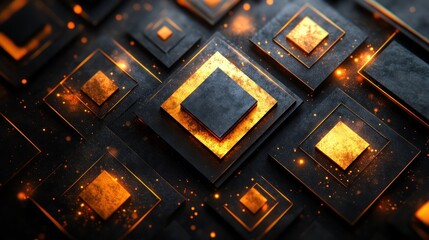 Abstract geometric squares, gold and black, glowing background, digital art