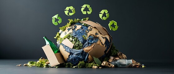 Cracked Earth globe engulfed by waste & recycling symbols