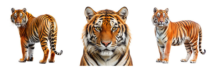 Obraz premium A collection of tiger animal wildlife feline predator mammal zoo orange wild isolated on transparent background.