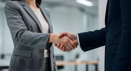 Two business people shaking hands in an office, symbolizing a successful partnership.
