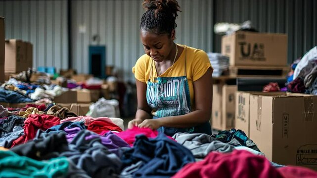 Woman sorts donated clothing indoors