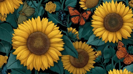 Colorful Sunflower and Butterfly