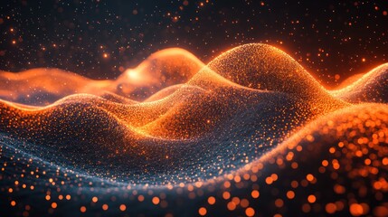 Abstract digital landscape of orange particles with dark background