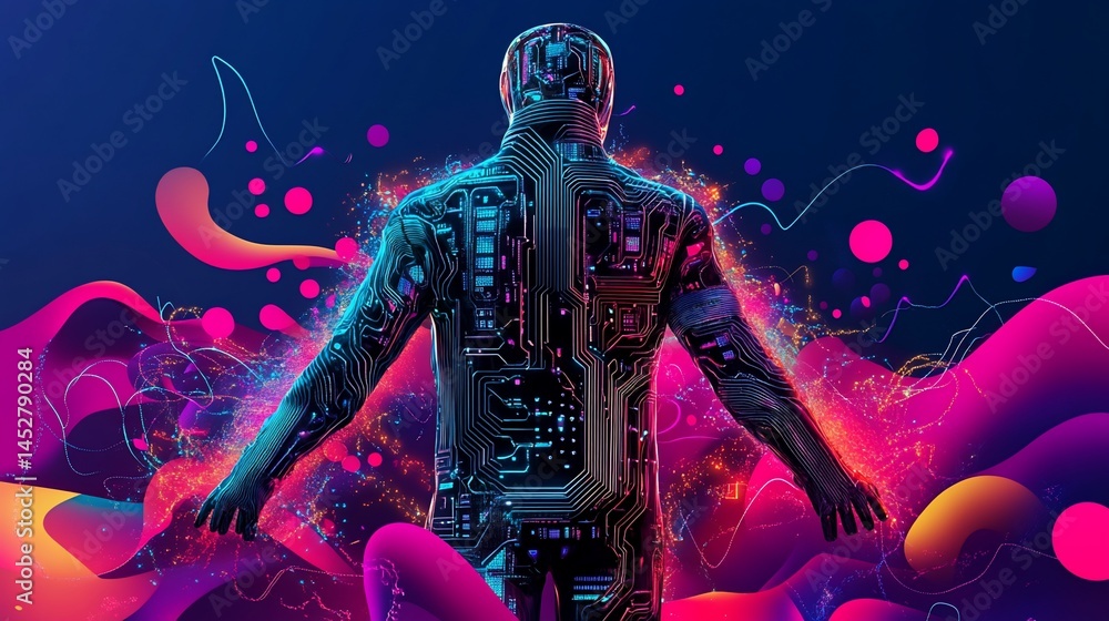 Poster cybernetic figure with circuit patterns stands amid vibrant abstract shapes