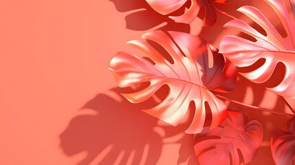 Obraz premium Coral Monstera Leaves on Orange Background 3D Render