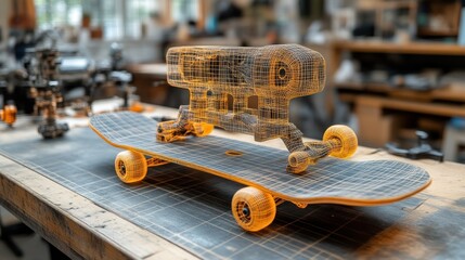 Skateboard design with holographic visual representation in a workshop setting