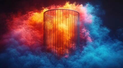 Cage in colorful smoke cloud, dark background, potential product display